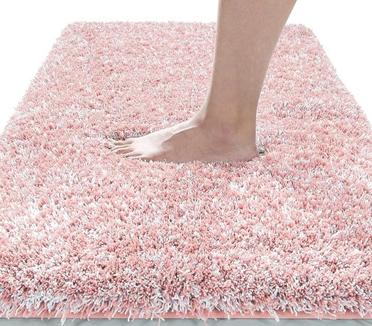 Yimobra Luxury Bathroom Rugs, Fluffy Bath Mats, Non Slip, Water Absorbent Microfiber, Machine Washable, Plush Carpet Shower Rugs, Thick Matts for Bathroom Floor&Tub, 44"x 24", Light Pink and White