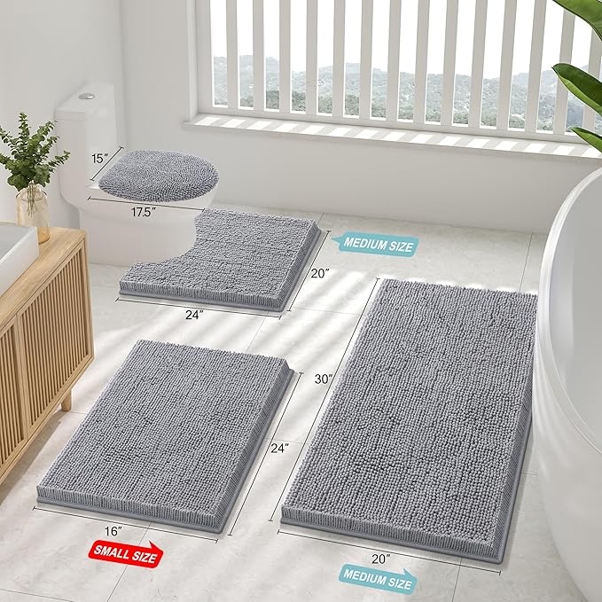 Smiry Luxury Chenille Bathroom Rugs 36x24, Extra Soft and Absorbent Shaggy Bath Mat, Machine Washable, Non-Slip Plush Carpet Runner for Tub, Shower, and Floor, Home Decor Accessories, Grey