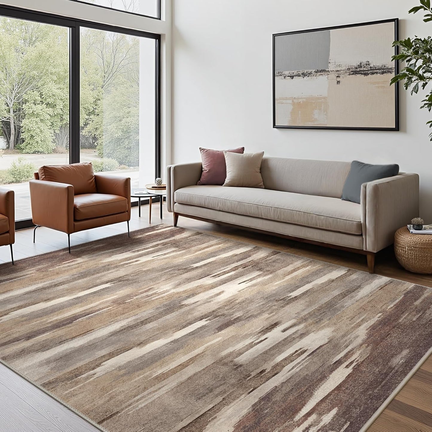 Area Rugs 8x10 Machine Washable Rug for Bedroom Living Room Dining Room, Large Modern Abstract Soft Rugs, Indoor Low Pile Carpet with Non Slip Rubber Backing, Mocha Brown
