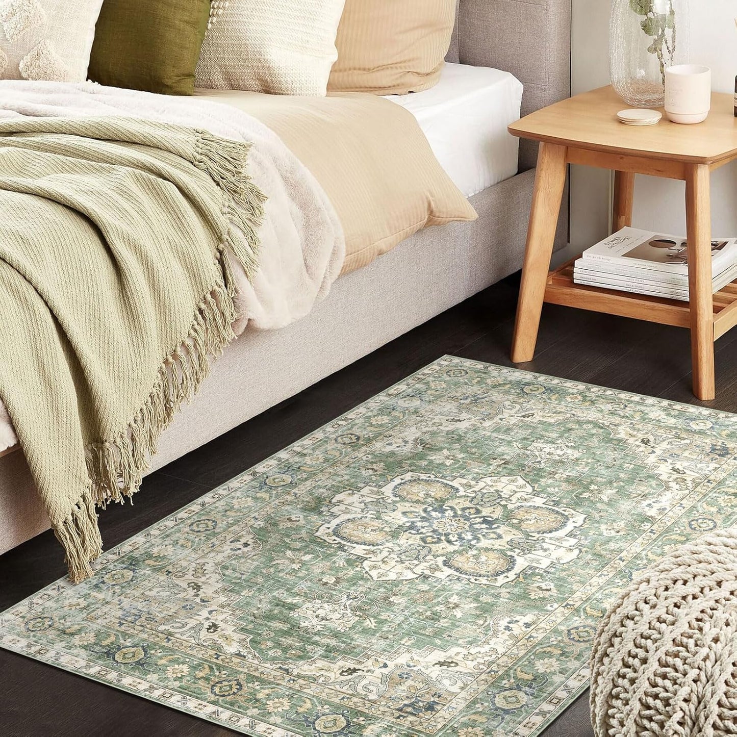 2x3 Rugs for Entryway - Washable Doormat Ultra-Thin Sage Green Oriental Non-Slip Kitchen Rugs Boho Tribal Low-Pile Floor Carpet Vintage Throw Rug for for Indoor Front Entrance Bathroom