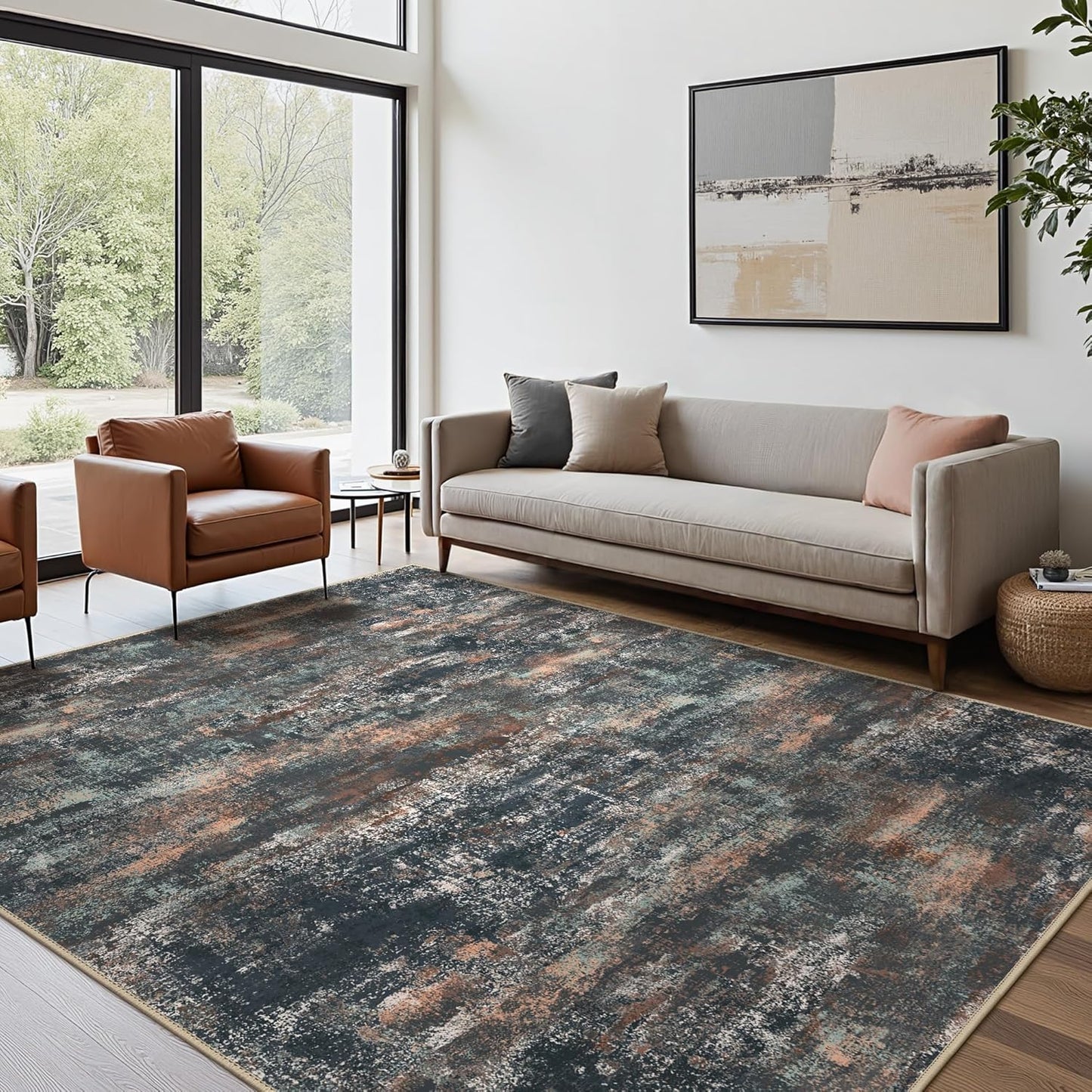Area Rugs 10x14 for Living Room Bedroom, Modern Abstract Machine Washable Rug, Large Soft Low Pile Floor Cover with Non Slip Backing for Dining Room, Dark Blue Rust