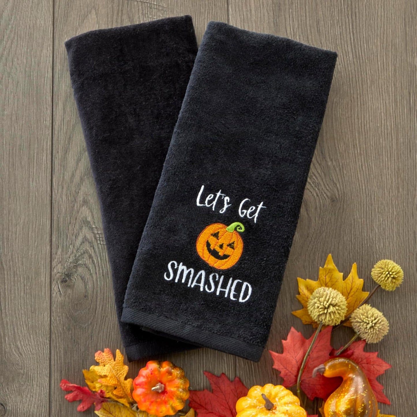 SKL Home Halloween Let's Get Smashed 100% Cotton Embroidered 2pc Hand Towel Set, Decorative for Bath/Kitchen/Bar & Gift, Black