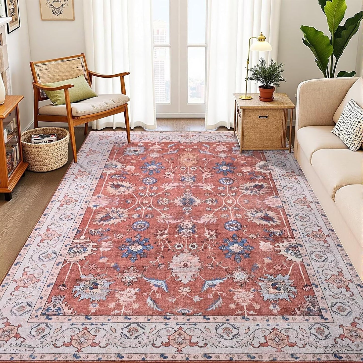Vasofe 6x9 Rug for Bedroom, Washable Living Room Rugs for Dining Room, Red Indoor Floor Mat, Vintage Floral Mats for Home Decor, Farmhouse, Laundry Room, Non Slip Low Pile Soft Modern Carpet