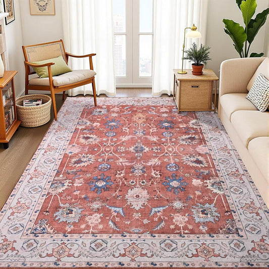Vasofe 6x9 Rug for Bedroom, Washable Living Room Rugs for Dining Room, Red Indoor Floor Mat, Vintage Floral Mats for Home Decor, Farmhouse, Laundry Room, Non Slip Low Pile Soft Modern Carpet