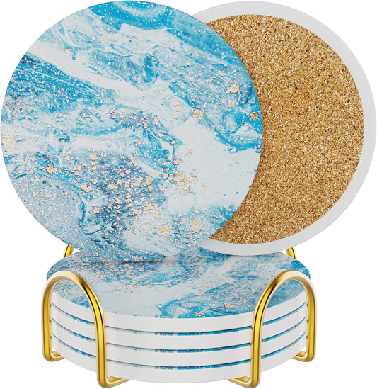 Coasters for Drinks Set of 4, Absorbent Mountainous Region Marble Style with Metal Golden Holder, Ceramic Coaster Set Cup Mat for Home Decor, Bar, Kitchen, Party