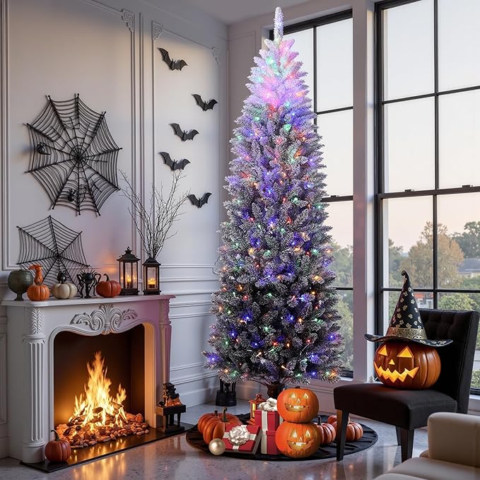 GarveeHome 6Ft Prelit Black Christmas Tree with Lights Halloween Tree Slim Artificial Halloween Christmas Tree Artificial Pencil Tree Automatic Branches for Home, Office, Party Decoration