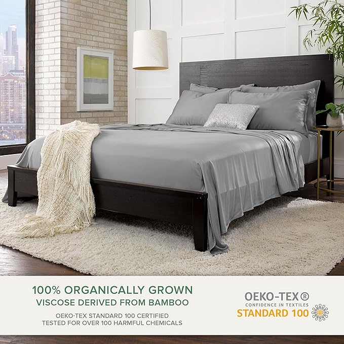 Pure Bamboo California King Sheets, Genuine 100% Organic Viscose Derived from Bamboo Bed Sheet Set, Soft & Cooling, Double Stitching, Lifetime Quality Promise (California King, Stone Grey)