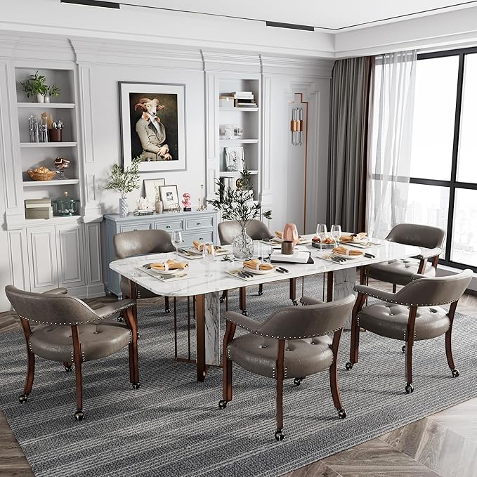 MODERION Modern Brown Solid Wood Boss Caption's Dining Chairs, Office Desk Chairs with Wheels, Arms, and High Back, 31.5H for Living Room Retro SY1533DK