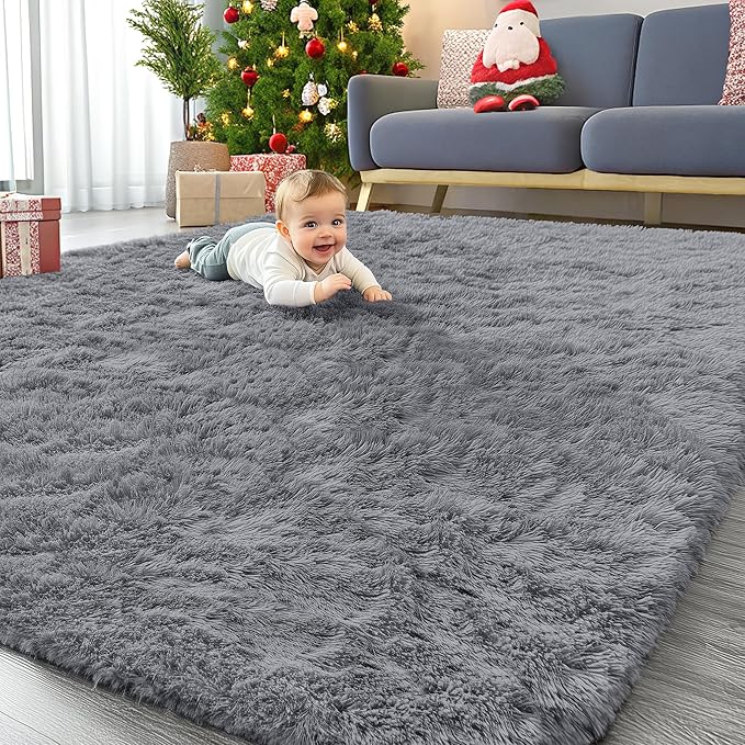 OLANLY 6x9 Machine Washable Large Area Rugs for Living Room, Bedroom, Soft Fluffy Shaggy Bedside Rug, Indoor Floor Carpet for Kids Girls and Boys, Dorms, Nursery, Home Decor Aesthetic, Light Grey