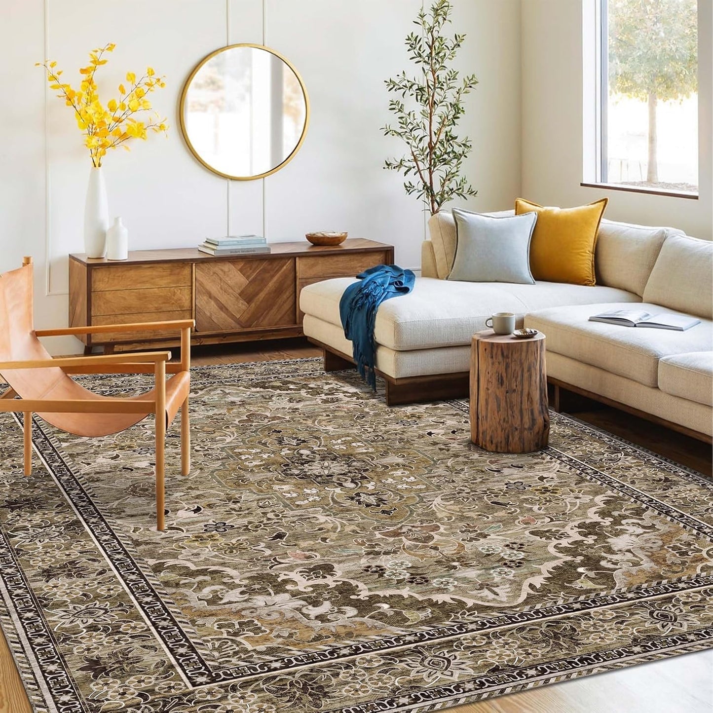 Washable Area Rug 4x6 | Non Slip Area Rug for Living Room, Bedrooms, Dining Room | Ultra-Soft Flannel Carpet Area with Rubber Backing (Sage Grey Brown, 4x6)