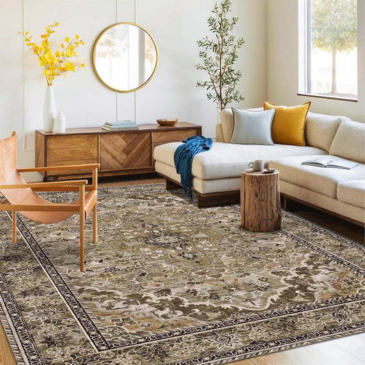 Washable Area Rug 5x8 | Non Slip Area Rug for Living Room, Bedrooms, Dining Room | Ultra-Soft Flannel Carpet Area with Rubber Backing (Sage Grey Brown, 5x8)