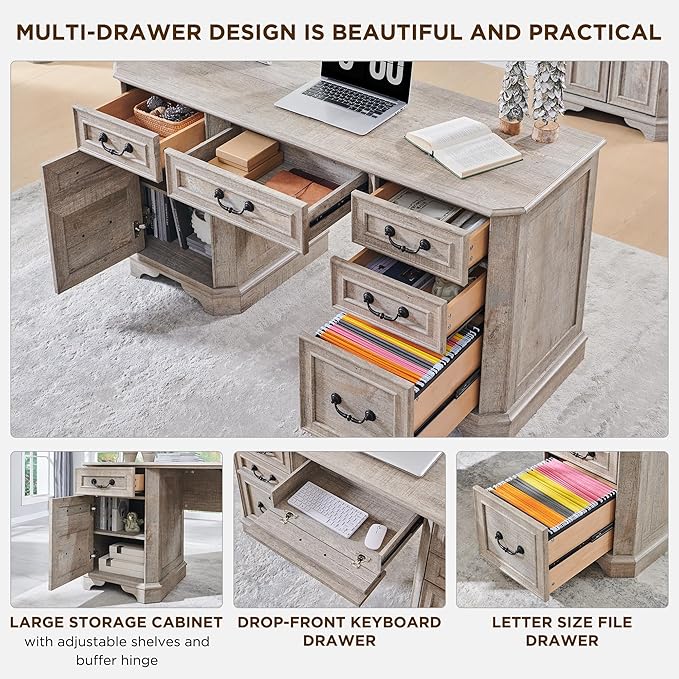 T4TREAM 59" Farmhouse Executive Desk with Drawers,Wood Home Office Computer Desk, Featuring Keyboard Tray,Charging Station,File Drawer, Storage Cabinet,for Work and Study (Light Rustic Oak)