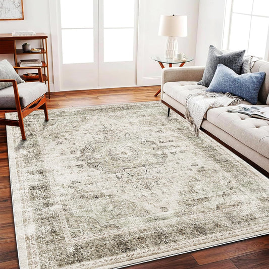Area Rug 6'x9' Washable Vintage Floral Khaki Traditional Floor Cover Thin Retro Kitchen Indoor Distressed Non Slip Carpet for Living Room Bedroom Dining Room