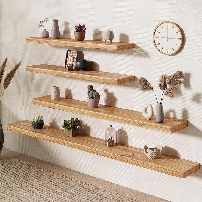 55 Inch Wood Floating Shelves, Natural Elm Wood Floating Shelf for Wall, 8 Inch Deep Wall Shelves for Home Storage & Display, Deep Rustic Wooden Shelves for Living Room, Bedroom, Kitchen