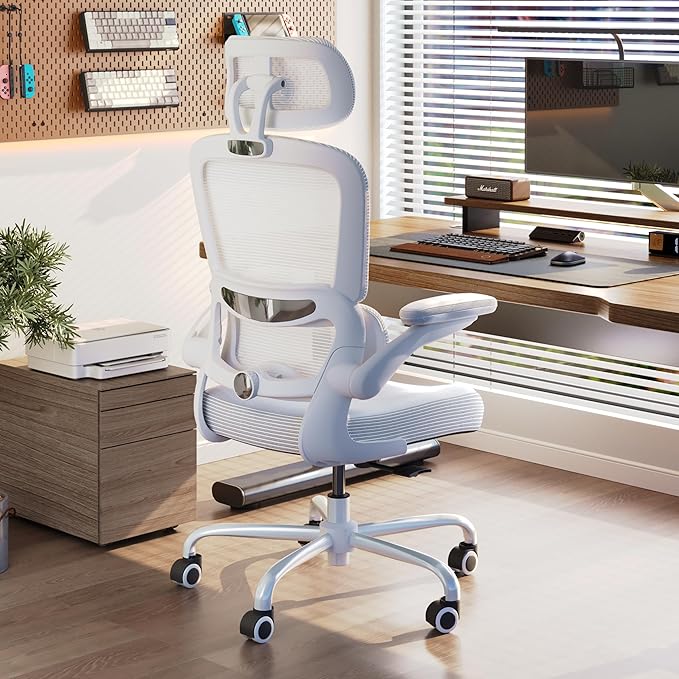 TRALT Ergonomic Office Chair - Desk Chair with Adjustable Headrest Lumbar Support Computer Chair - Mesh Comfy Chair with Flip-up Armrests - Gaming Chairs for Adults Home Office (Leather, White)