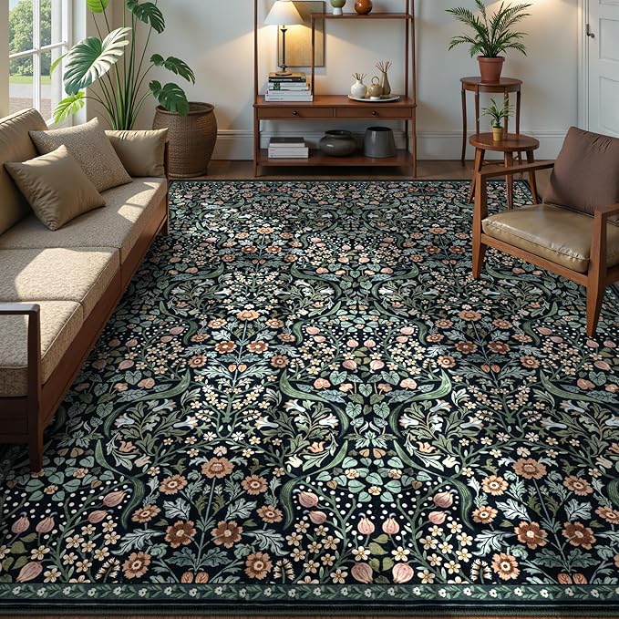 Lahome Floral 9x12 Black Rug for Living Room, Boho Thin Stain Resistant Dining Room Rugs for Under Table, Soft Carpet with Rubber Backing for Guestroom