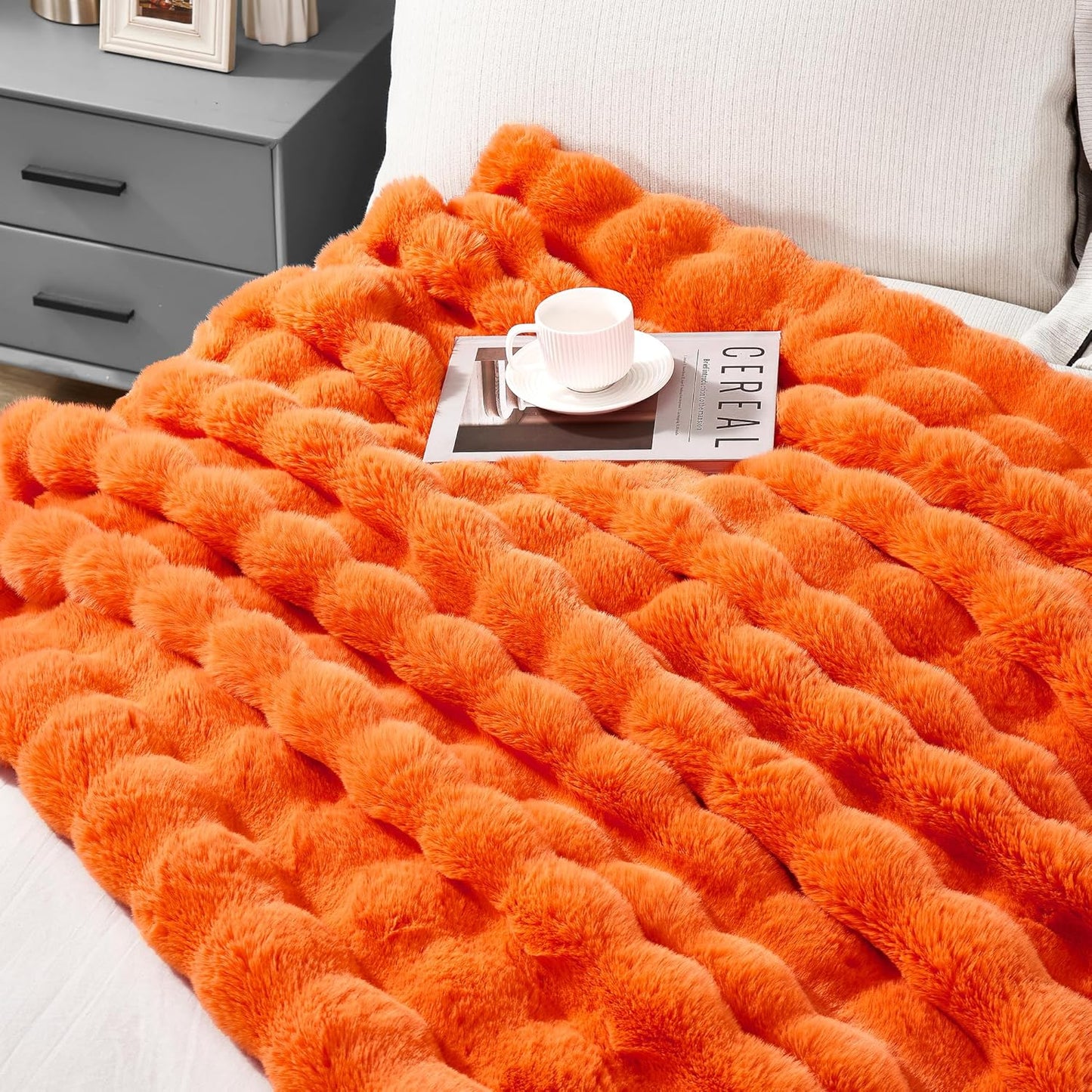 JONIYEAR Large Solid Fall Bubble Faux Rabbit Fur Bed Blanket Queen Size 80" x 90", Decorative Puffy Big Warm Fuzzy Blanket for Winter,Extra Thick Shaggy Cozy Comfy Fluffy Blankets for Adult Kid,Orange