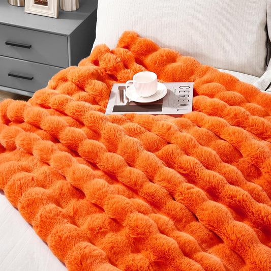 JONIYEAR Solid Fall Oversized Fuzzy Bubble Faux Rabbit Fur Throw Blanket for Bed 60" x 70", Decorative Puffy Warm Fuzzy Blanket for Winter, Thick Shaggy Cozy Furry Blankets for Adult,Twin Size, Orange