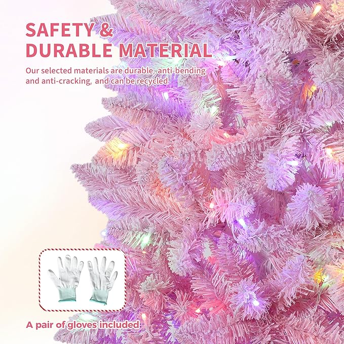 GarveeHome 4.5ft Snow Flocked Pencil Christmas Tree, Slim Artificial Christmas Tree with Sturdy Metal Stand, Skinny Xmas Tree Holiday Decoration for Home, Office, Pink Gradient