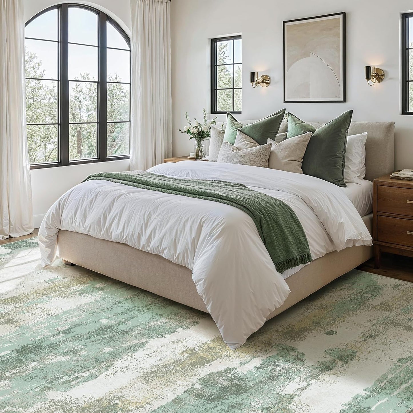 3x5 Rugs for Entryway Entrance Kitchen, Machine Washable Modern Abstract Soft Area Rug, Low Pile Indoor Floor Carpet with Non Slip Backing, Light Green/Cream