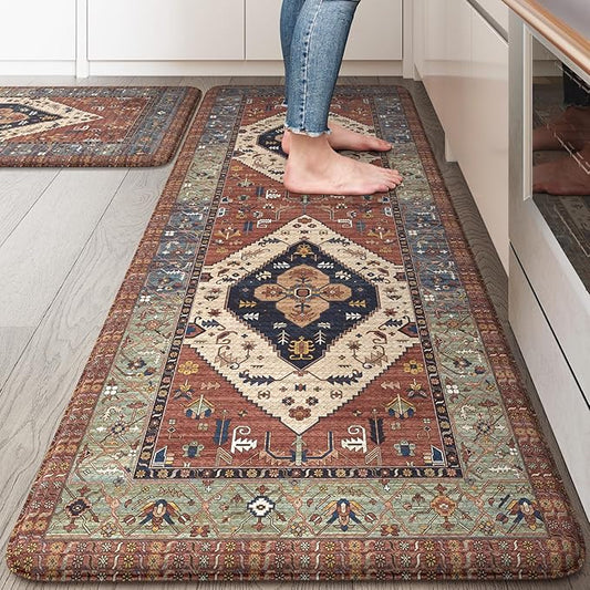 KIMODE Anti Fatigue Kitchen Mats, Boho Distressed Kitchen Rugs 20"x47"+20"x32", Non-Slip Waterproof Kitchen Floor Mats, Comfort Mats for Kitchen Floor, Sink, Laundry, Office, Desk Red