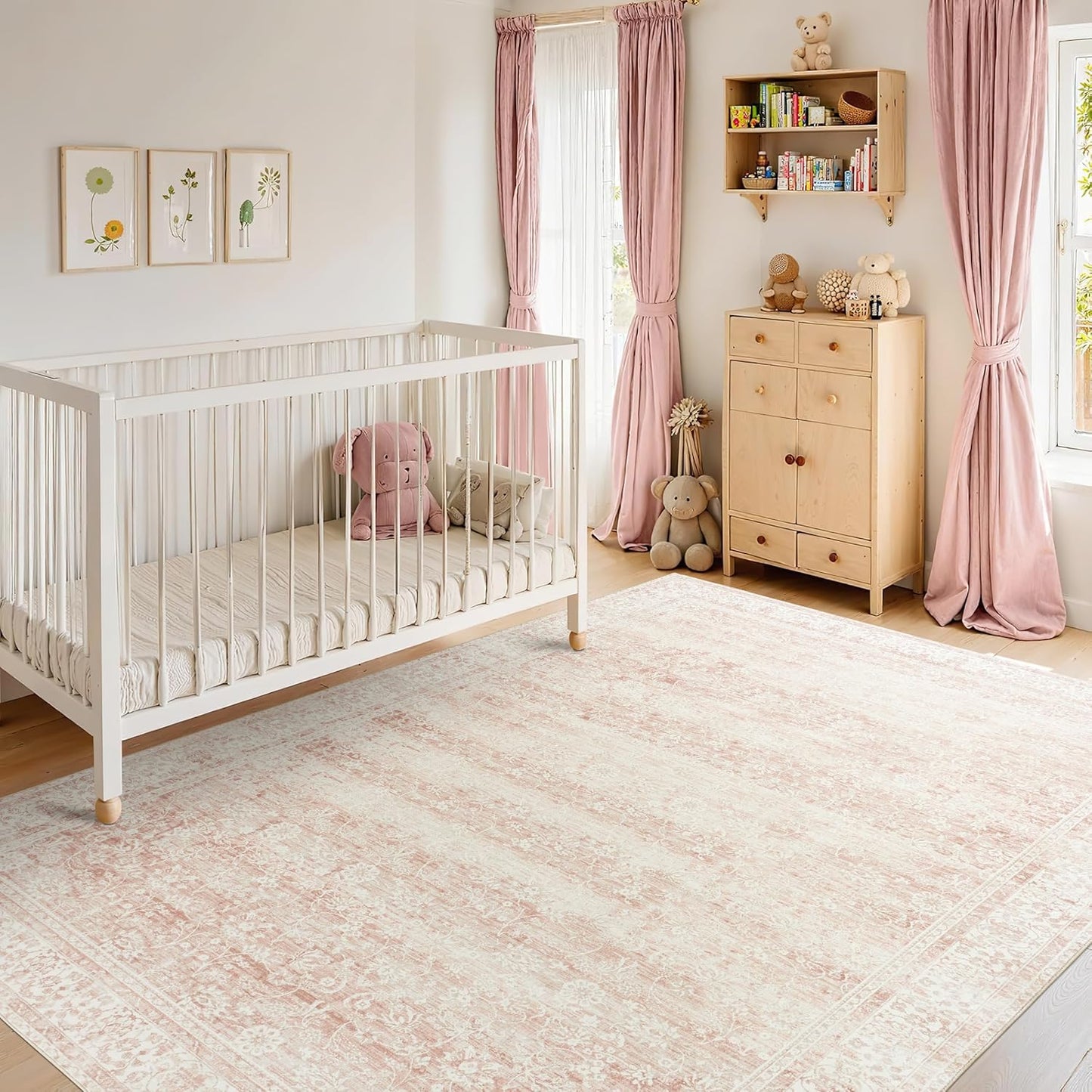 Light Pink Bedroom Rugs 6x9 Aesthetic Cute Boho Floral Feminine Soft Faux Wool Machine Washable Carpet Area Rugs for Kids Room Playroom Office