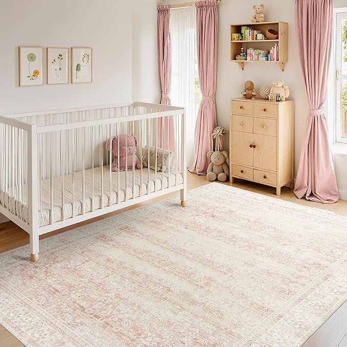 Pink Area Rug for Living Room Soft Washable Faux Wool Neutral Boho Floral Big Nursery Bed Bedroom Livingroom Carpet Size Extra Large Area Rugs 8x10