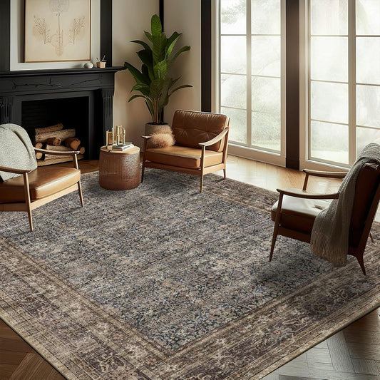 Washable Area Rug 9'x12' Retro Boho Design Non-Shedding Easy Care Ideal for High Traffic Areas in Living Room Bedroom Office Coffee Table Kitchen Large Carpet