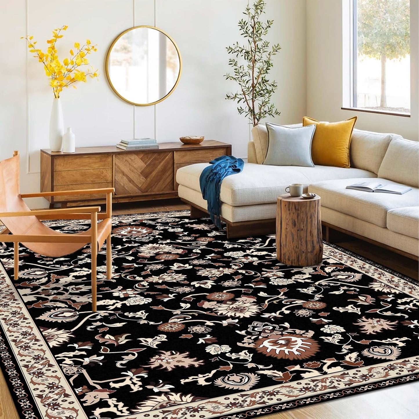 Washable Area Rug 5x8 | Non Slip Area Rug for Living Room, Bedrooms, Dining Room | Ultra-Soft Flannel Carpet Area with Rubber Backing (Black Brown Cream, 5x8)