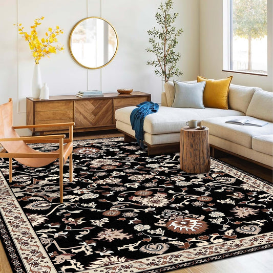 Washable Area Rug 5x8 | Non Slip Area Rug for Living Room, Bedrooms, Dining Room | Ultra-Soft Flannel Carpet Area with Rubber Backing (Black Brown Cream, 5x8)