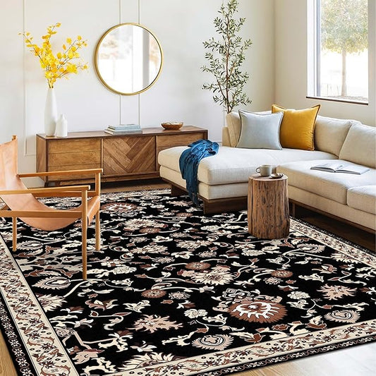 Washable Area Rug 5x8 | Non Slip Area Rug for Living Room, Bedrooms, Dining Room | Ultra-Soft Flannel Carpet Area with Rubber Backing (Black Brown Cream, 5x8)