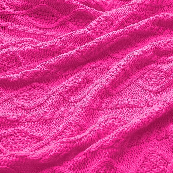 Homiest Hot Pink Cable Knit Throw Blanket Set of 3, 50"x60" Blanket & 2x18"x18" Pillow Covers, Soft & Cozy Acrylic Blanket for Couch, Bed, Sofa