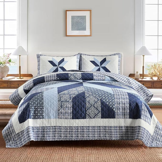 Secgo Handmade Quilted 100% Cotton King Comforter Set for Bed - 100% Cotton Quilts King Size, Black Bedspreads (96 * 108 Inch) with 2 Pillow Shams, Patchwork Reversible Lightweight Bedding