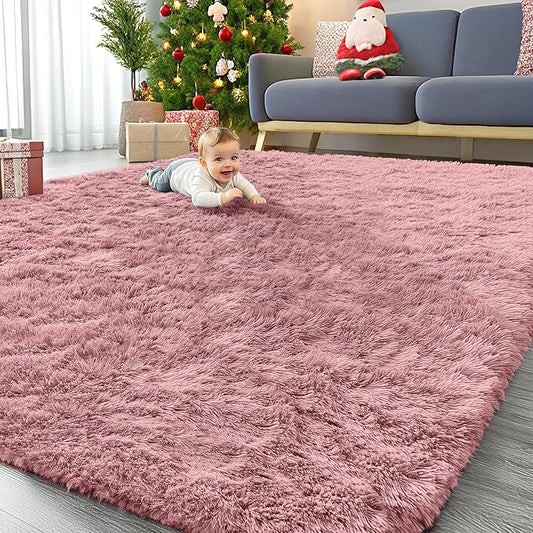 OLANLY 9x12 Machine Washable Large Area Rugs for Living Room, Bedroom, Soft Fluffy Shaggy Bedside Rug, Indoor Floor Carpet for Kids Girls and Boys, Dorms, Nursery, Home Decor Aesthetic, Pale Pink
