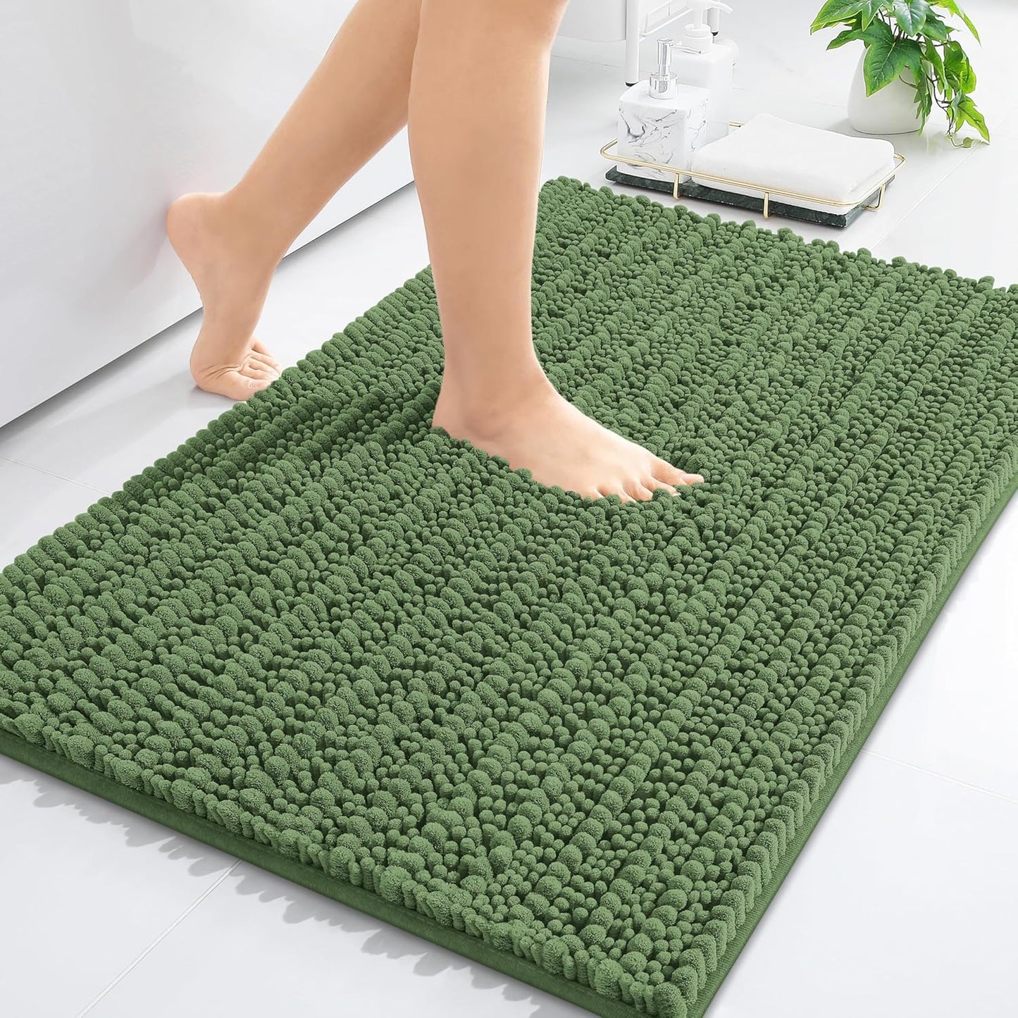Arotive Luxury Chenille Bathroom Rug Mat, Extra Soft Thick Absorbent Shaggy Bath Rugs, Non-Slip Machine Wash Dry, Plush Bath Mats for Bathroom, Shower and Tub, 30x17, Olive Green