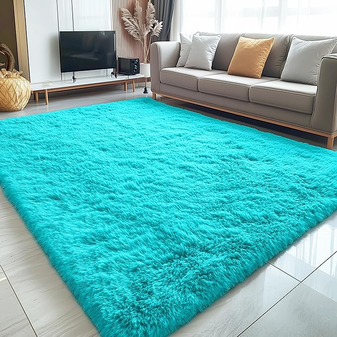 OLANLY 9x12 Machine Washable Large Area Rugs for Living Room, Bedroom, Soft Fluffy Shaggy Bedside Rug, Indoor Floor Carpet for Kids Girls and Boys, Dorms, Nursery, Home Decor Aesthetic, Teal Blue