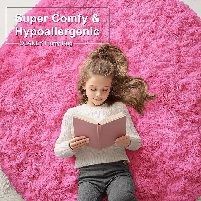 OLANLY Hot Pink Round Rugs for Bedroom - Machine Washable, 9 ft Circle Area Rugs for Living Room, Soft and Fluffy Shaggy Carpet for Teen Girls and Boys, Nursery Rooms, Dorms, Home Decor Aesthetic