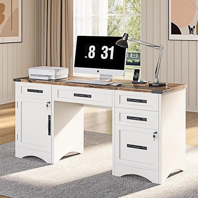 Farmhouse Executive Desk with Drawers, 55" Home Office Desks with Fast Charging Station, Lockable File Cabinet, Wood Writing Computer Desk for Work, Study, White