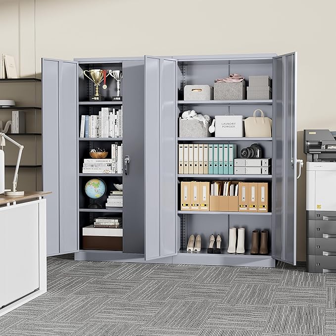 SUNCROWN 72" Metal Storage Cabinet - Heavy-Duty Metal Garage Cabinet with 4 Adjustable Shelves & 2 Doors for Tools, Office, Home, Workshop,Cement Grey-Small