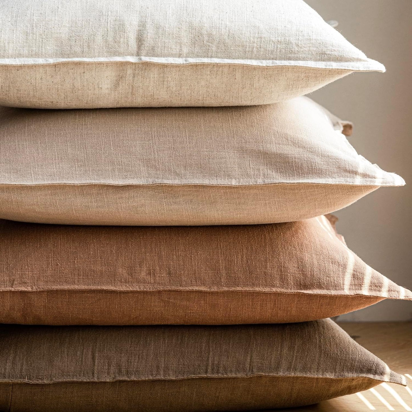 Foindtower Pack of 2, Decorative Linen Soild Throw Pillow Covers Soft Accent Cushion Case Boho Farmhouse Pillowcase for Chair Couch Sofa Bedroom Living Room Home Decor 22 x 22 Inch Light Khaki Brown