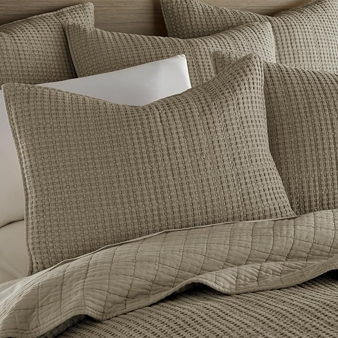 Levtex Home Mills Waffle Full/Queen Quilt Set (88x92in) with 2 Pillow Shams (26x20in) - Taupe - Cotton Waffle Full/Queen Size Quilt Bedding Set - Lightweight, Soft, Pre-Washed