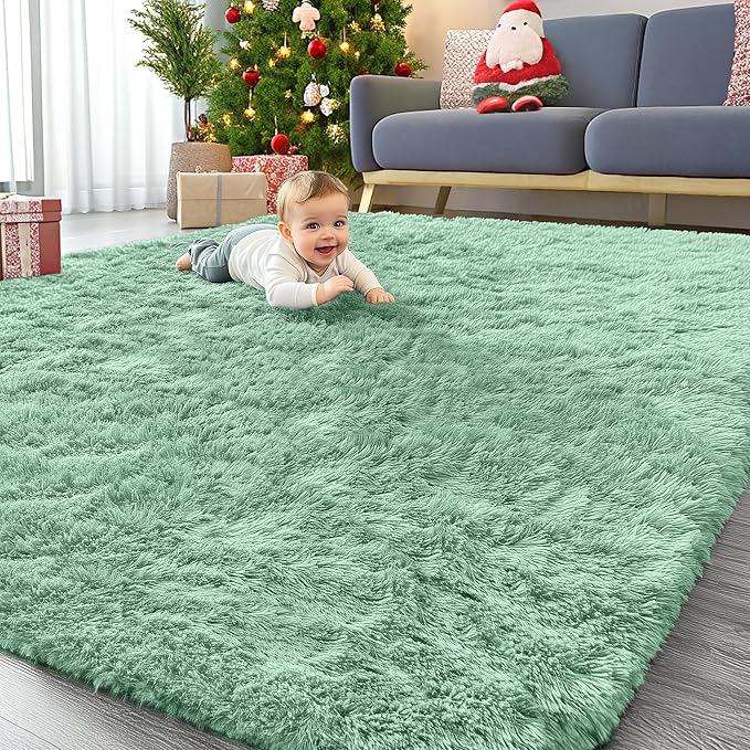 OLANLY 8x10 Machine Washable Large Area Rugs for Living Room, Bedroom, Soft Fluffy Shaggy Bedside Rug, Indoor Floor Carpet for Kids Girls and Boys, Dorms, Nursery, Home Decor Aesthetic, Mint Green
