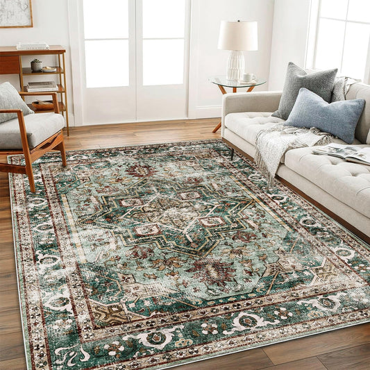 6'x9' Green Washable Area Rug Boho Chic Medallion Distressed Design Non-Shedding Easy Care Ideal for High Traffic Areas in Living Room Bedroom Office Kitchen Coffee Table Large Carpet