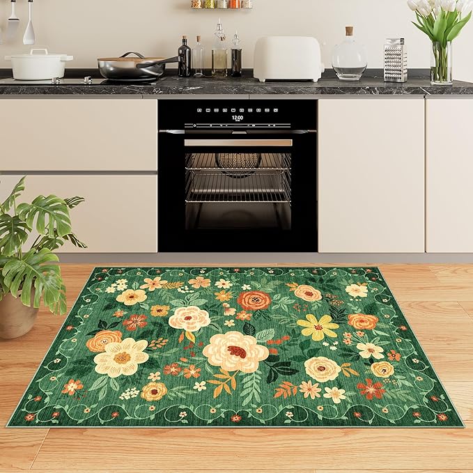 DUKINO 2x3 Rugs for Entryway, Floral Indoor Washable Door Mat, Non Slip Boho Small Rug for Kitchen, Soft Low Pile Front Door Throw Rug for Entrance, Bedroom, Kitchen, Laundry, Bathroom, Dark Green