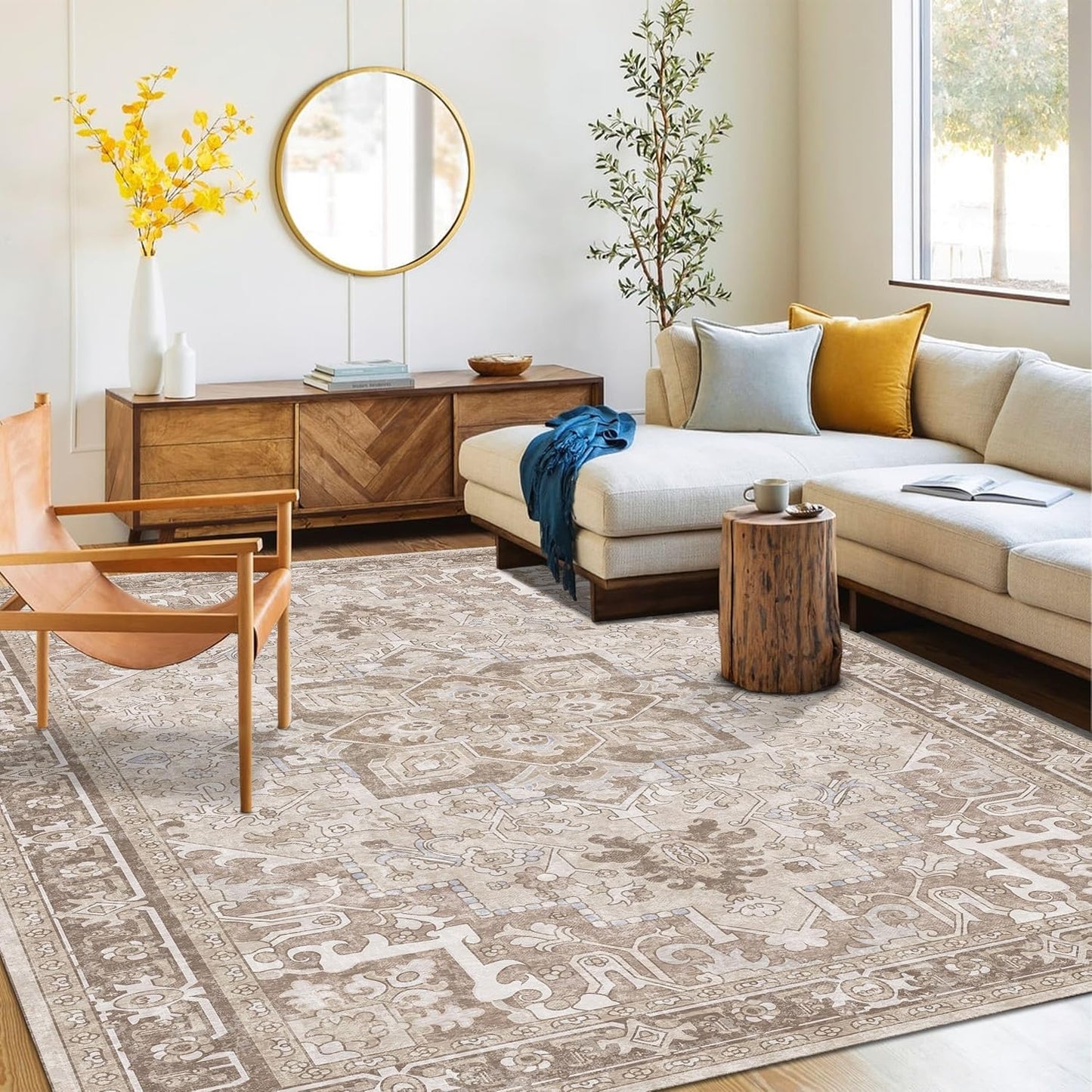 Washable Area Rug 5x8 | Non Slip Area Rug for Living Room, Bedrooms, Dining Room | Ultra-Soft Flannel Carpet Area with Rubber Backing (Sand, 5x8)