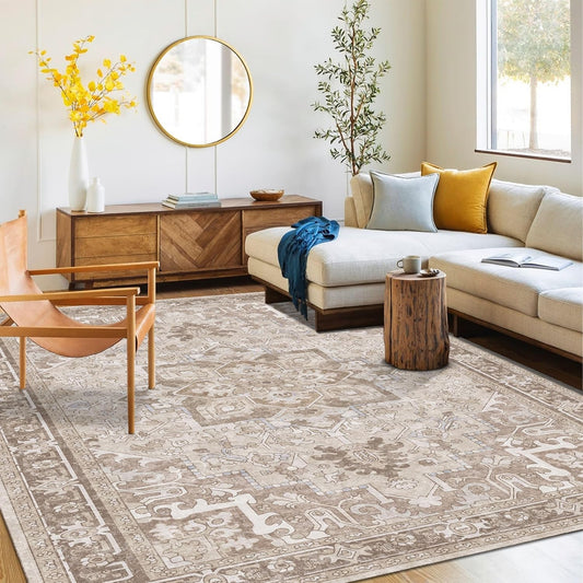 Washable Area Rug 5x8 | Non Slip Area Rug for Living Room, Bedrooms, Dining Room | Ultra-Soft Flannel Carpet Area with Rubber Backing (Sand, 5x8)