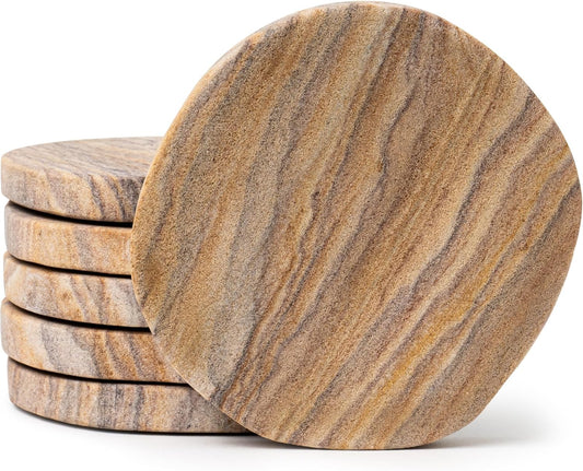 Cork & Mill Absorbent Coasters Set of 6 - Water Absorbing Sandstone Coasters for Drinks - Perfect for Coffee Table, Office Desk, Outdoor, Bedroom Nightstand - 4" Round - Unique Irregular Edge Design