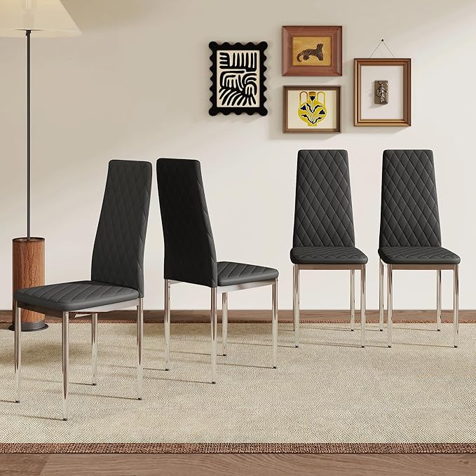 JT Modern Minimalist Dining Chair Fireproof Leather Sprayed Metal Pipe Diamond Grid Pattern Restaurant Home Conference Chair Set of 4 Or 6 (4, Black-Silver)