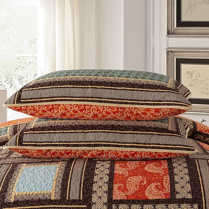 NEWLAKE Cotton Patchwork Bedspread, 3-Piece Bedding Quilt Set with Real Stitched Embroidery, Reversible Matelasse Bed Coverlet Set,Bohemian Farmhouse,Twin Size