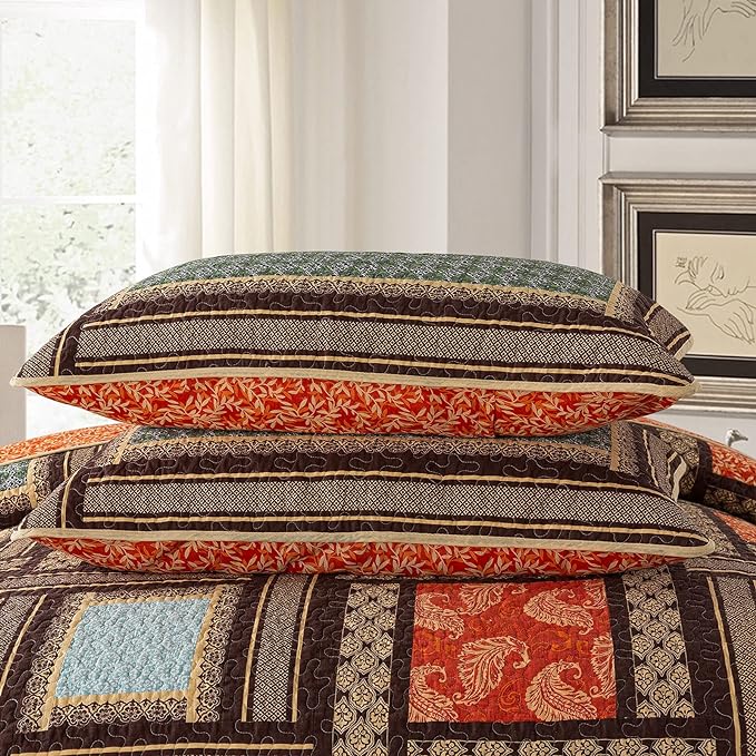 NEWLAKE Cotton Patchwork Bedspread, 3-Piece Bedding Quilt Set with Real Stitched Embroidery, Reversible Matelasse Bed Coverlet Set,Bohemian Farmhouse,Queen Size